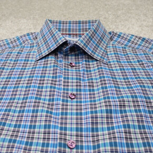 ETON Dress Shirt Men 17, 43 Blue/Green/Purple Plaid Long Sleeve Button Up - Picture 5 of 12